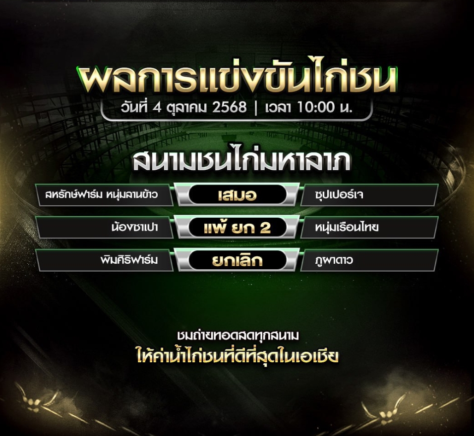 ผลไก่ชน วันที่ 4 ตุลาคม พศ.2025 สนามชนไก่มหาลาภ
