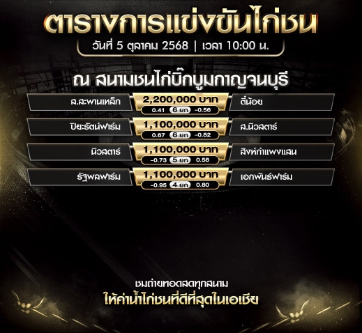 โปรแกรมไก่ชน วันที่ 4 ตุลาคม 2025 สนามชนไก่บิ๊กบูมกาญจนบุรี