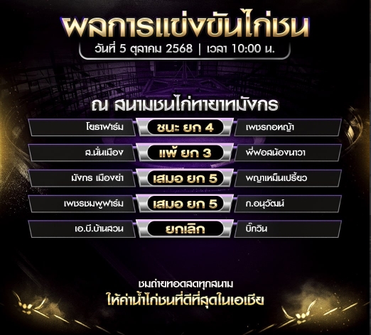ผลไก่ชน วันที่ 5 ตุลาคม 2025 สนามชนไก่ทายาทมังกร