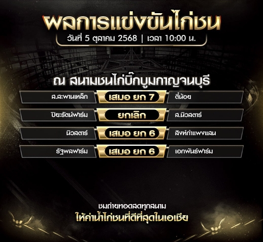 ผลไก่ชน วันที่ 5 ตุลาคม 2025 สนามชนไก่บิ๊กบูมกาญจนบุรี