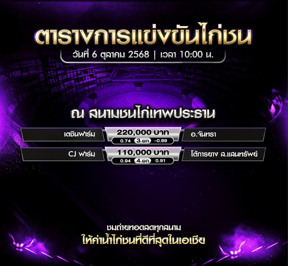 โปรแกรมไก่ชน วันที่ 6 ตุลาคม 2025 สนามชนไก่เทพประทาน