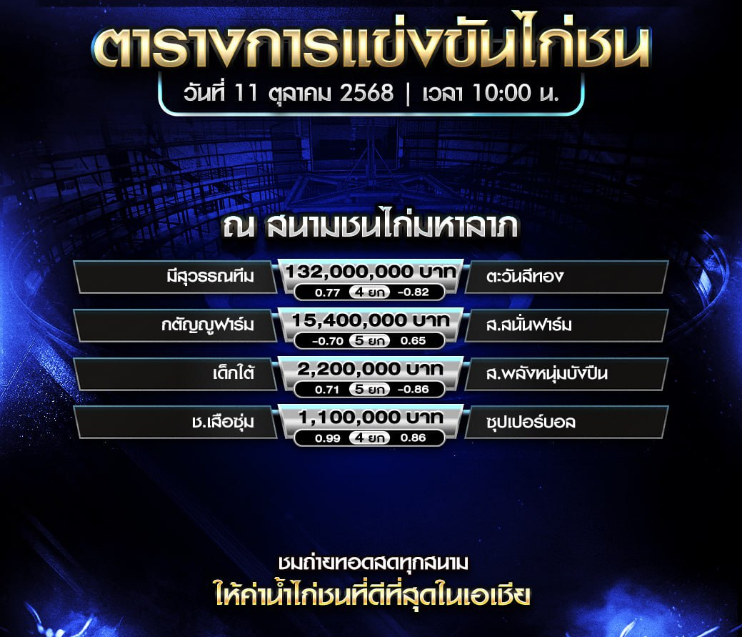 โปรแกรมไก่ชน วันที่ 11 ตุลาคม 2025 สนามชนไก่มหาลาภ