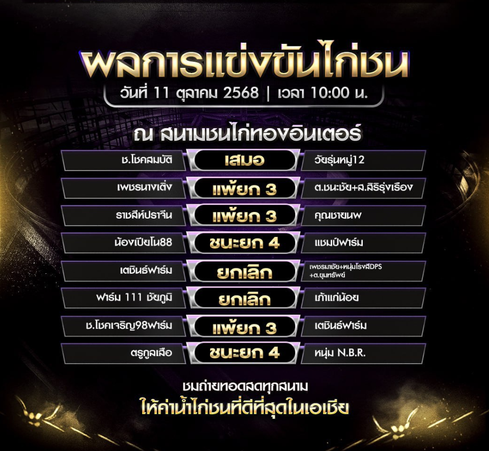 ผลไก่ชน วันที่ 11 ตุลาคม 2025 สนามชนไก่ทองอินเตอร์