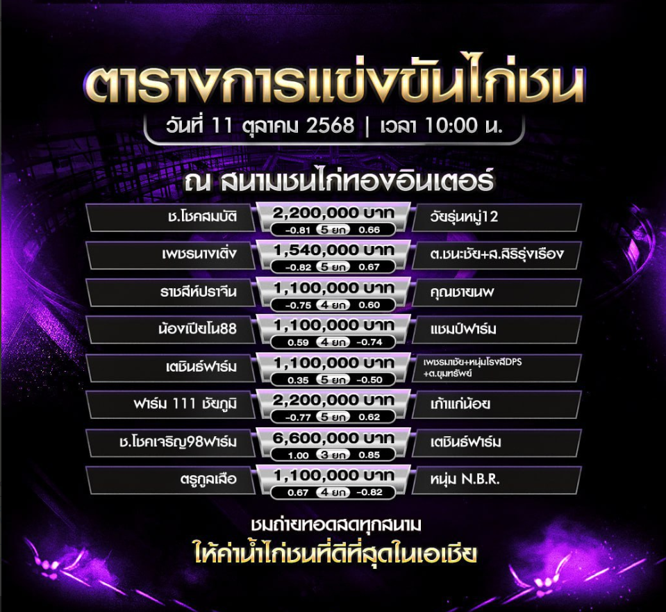 โปรแกรมไก่ชน วันที่ 11 ตุลาคม 2025 สนามชนไก่ทองอินเตอร์