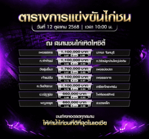 โปรแกรมไก่ชน วันที่ 12 ตุลาคม 2025 สนามชนไก่เทิดไทซิตี้